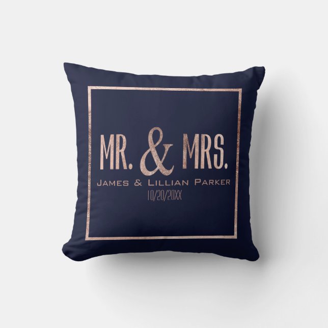 Coussin M. et Mme roses Monogram Wedding de bleu marine (Recto)