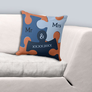 Coussin M. & Mme Date de mariage Pièces de puzzle bleues e