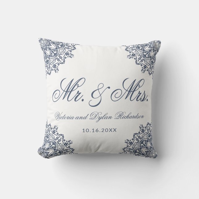 Coussin M. & Mme Mariage Blanc Bleu Écriture Élégante (Recto)