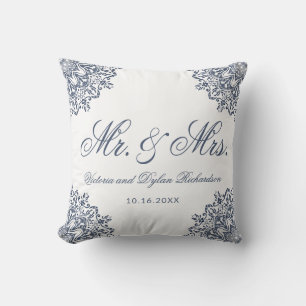 Coussin M. & Mme Mariage Blanc Bleu Élégant Script