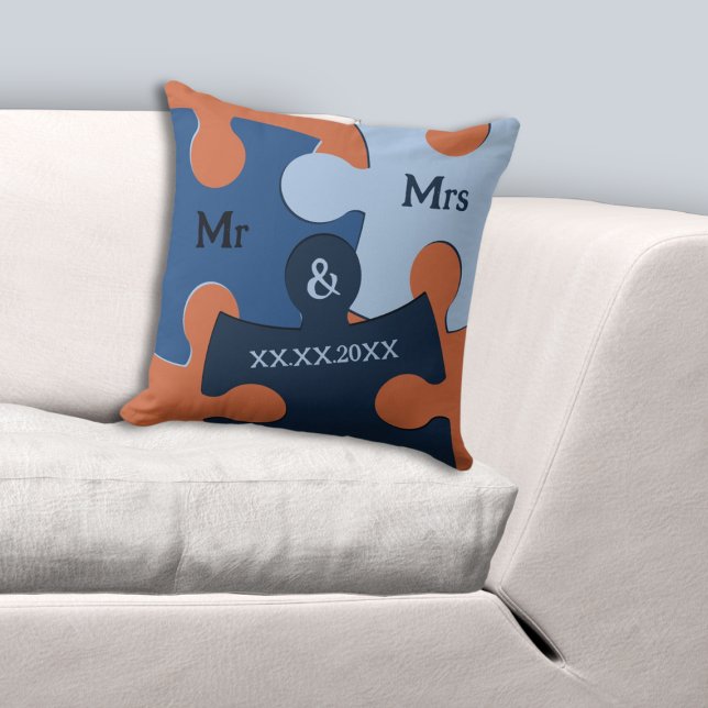 Coussin M. & Mme Mariage Date Bleu & Orange Puzzle Pièces (Mr & Mrs Wedding Date Blue & Orange Puzzle Pieces Throw Pillow)