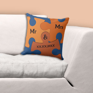Coussin M. & Mme Mariage Date Orange & Blue Jigsaw Pièces