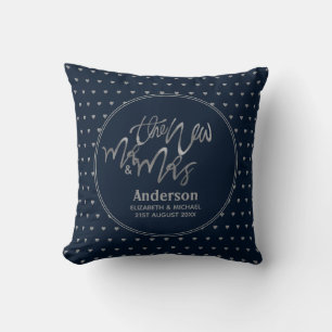 Coussin M. & Mme (Nom, Date) Mariage Marine Coeurs d'argen