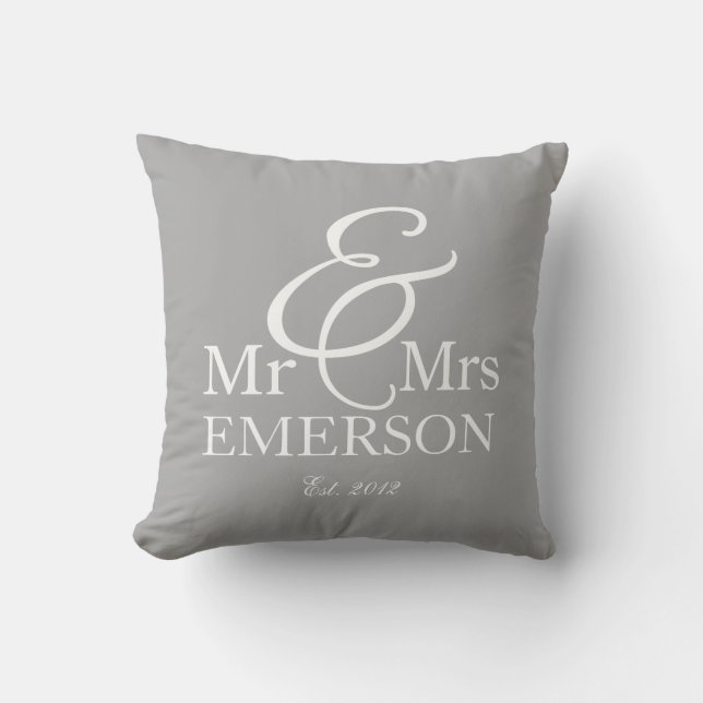 Coussin "M. & Mme" personnalisé gris & blanc (Recto)