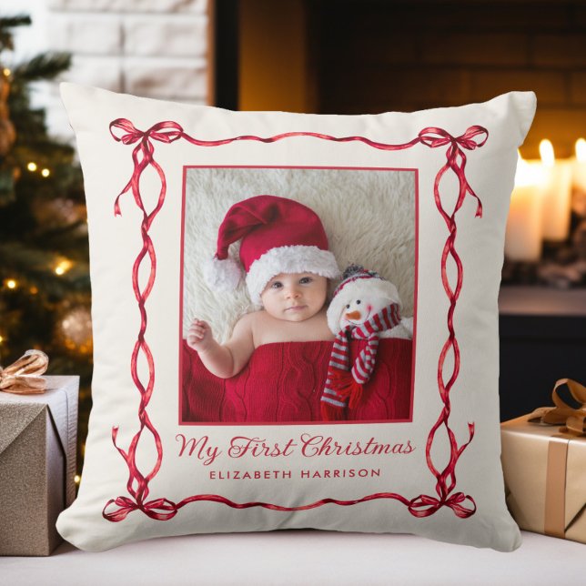 Coussin Ma première photo de bébé à Noël (My First Christmas Baby Photo Throw Pillow)