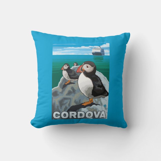 Coussin Macareux et bateau de croisière - Cordova, Alaska (Recto)