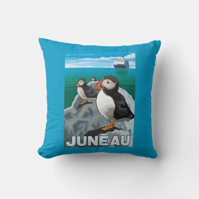 Coussin Macareux et bateau de croisière - Juneau, Alaska (Recto)