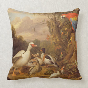 Coussin Macaw, Canards, perroquets et autres oiseaux sur u