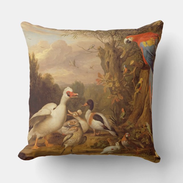 Coussin Macaw, Canards, perroquets et autres oiseaux sur u (Recto)