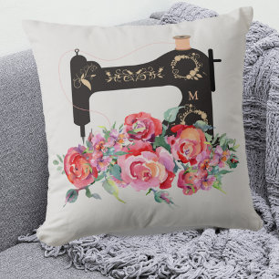 Coussin Machine à coudre Vintage rose Floral Monogramme