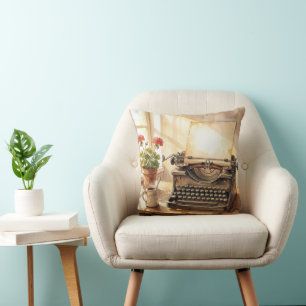 Coussin Machine à écrire aquarelle avec feuille de papier 