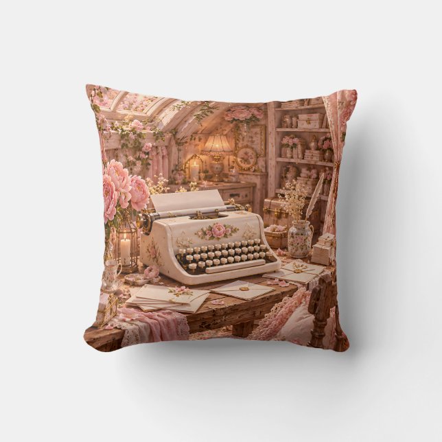 Coussin Machine à écrire rose pastel Fleurie Studio Mansar (Recto)