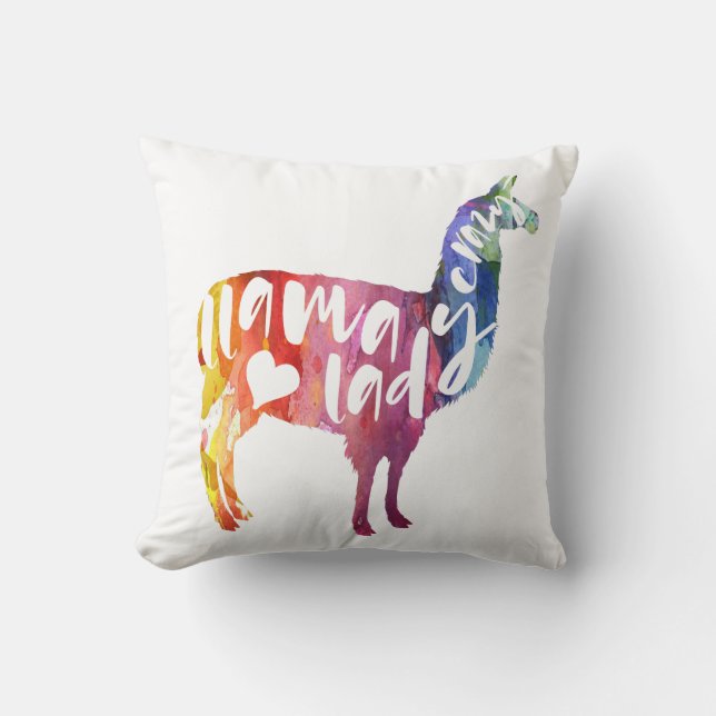 Coussin Madame folle de lama. Énonciation drôle. Art (Recto)