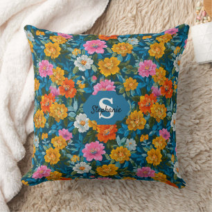 Coussin Magenta Jaune Floral Teal Foncé Maussade