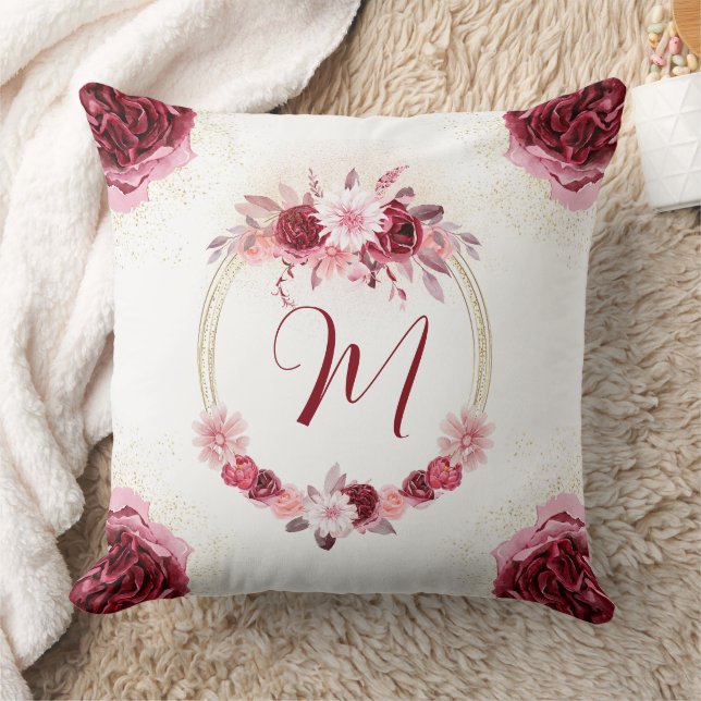 Coussin Magenta rose Monogramme Aquarelle Florale (Couverture)