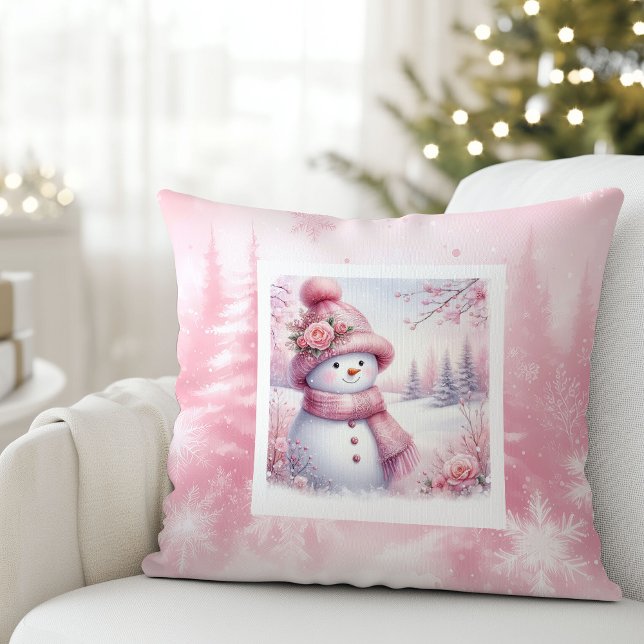 Coussin Magical Pink Winter Pillow Cute Snowman Style (Magical Pink Winter Pillow Cute Snowman Style)