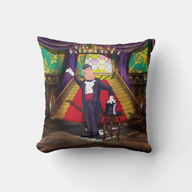 Coussin Magicien effectuant un tour de magie sur scène (Recto)