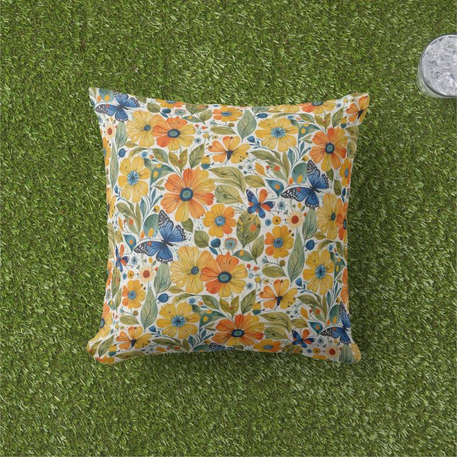 Coussin Magie d'été Or et Flore Bleue (Herbe)