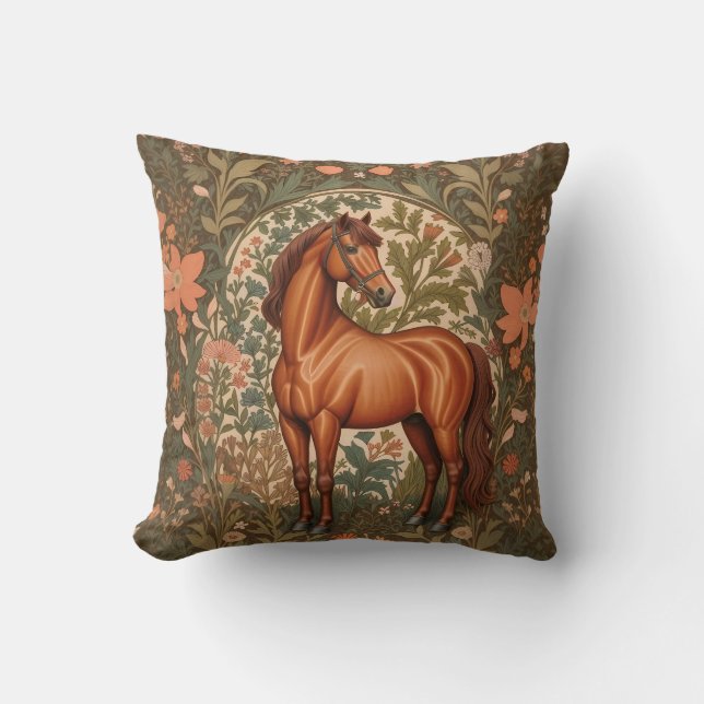 Coussin Magnifique Cheval Brun Inspiré de William Morris  (Recto)