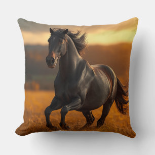 Coussin Magnifique Cheval Étalon Noir Paysage de Coucher d