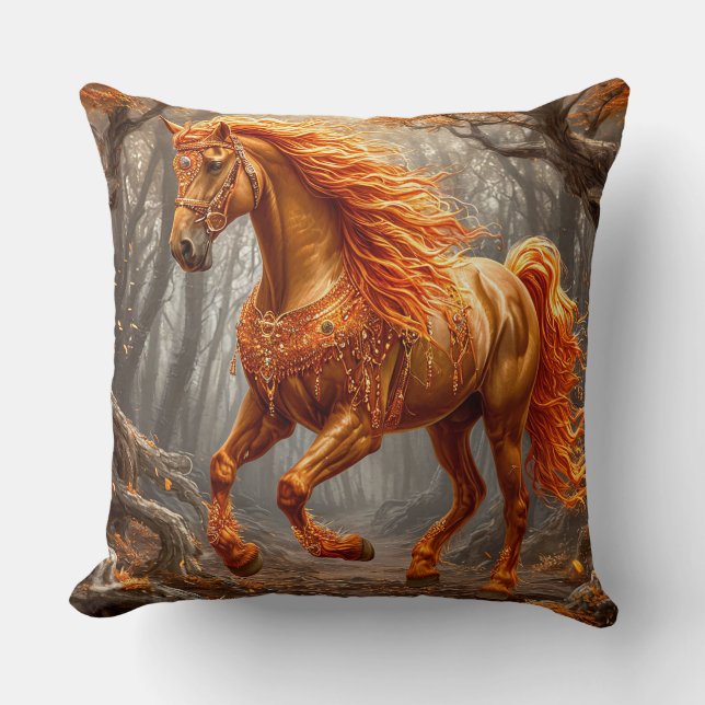 Coussin Magnifique cheval orange dans la forêt automnale (Recto)