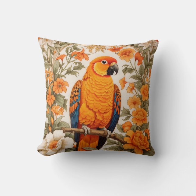 Coussin Magnifique Conure Soleil Inspiré de William Morris (Recto)