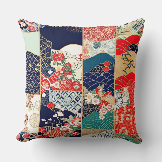 Coussin Magnifique kimono japonais vintage en patchwork (Recto)