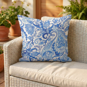 Coussin Magnifique motif de paisley floral bleu blanc