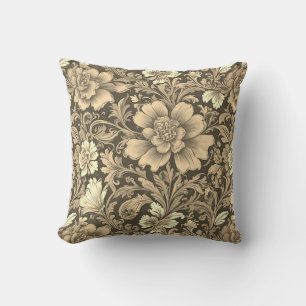 Coussin Magnifique motif floral sépia vintage