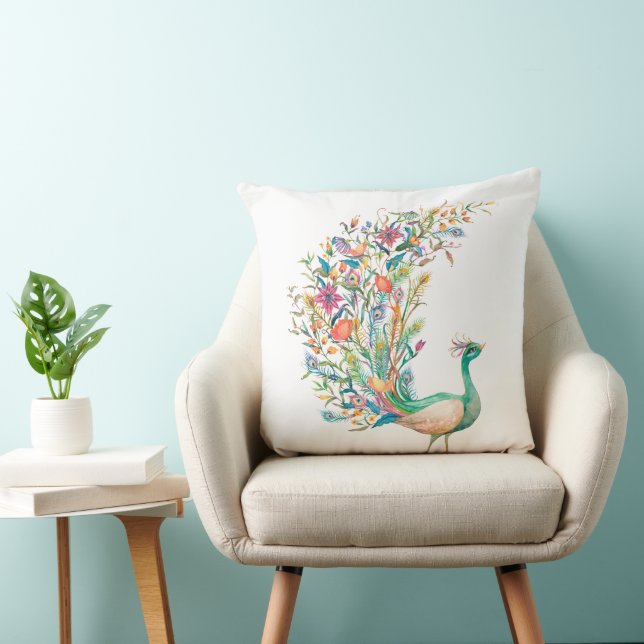 Coussin Magnifique paon vert à l'aquarelle (Chaise)