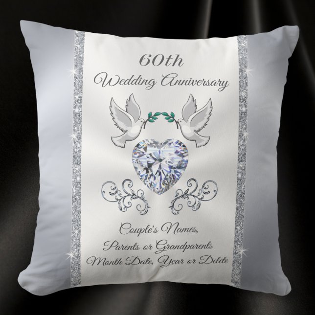 Coussin Magnifique Personnalisé 60 ans de Cadeau Mariage (60th wedding anniversary gifts for grandparents. Diamond anniversary throw pillow with Heart Diamond)