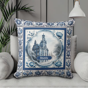 Coussin Magnifique toile de chinoiserie florale bleue mono