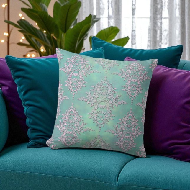 Coussin Magnifique Turquoise et Lavender Pastel Damask (Créateur téléchargé)