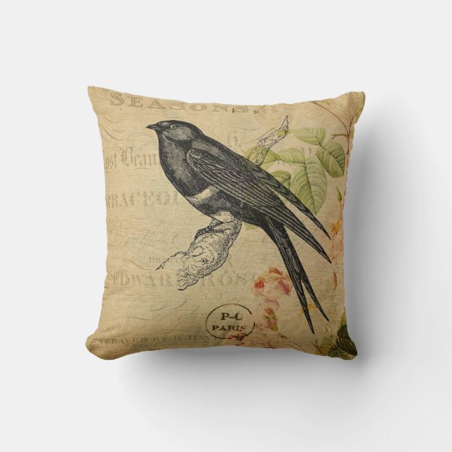 Coussin Magnifique Vintage Swallow Bird Floral Collage (Recto)