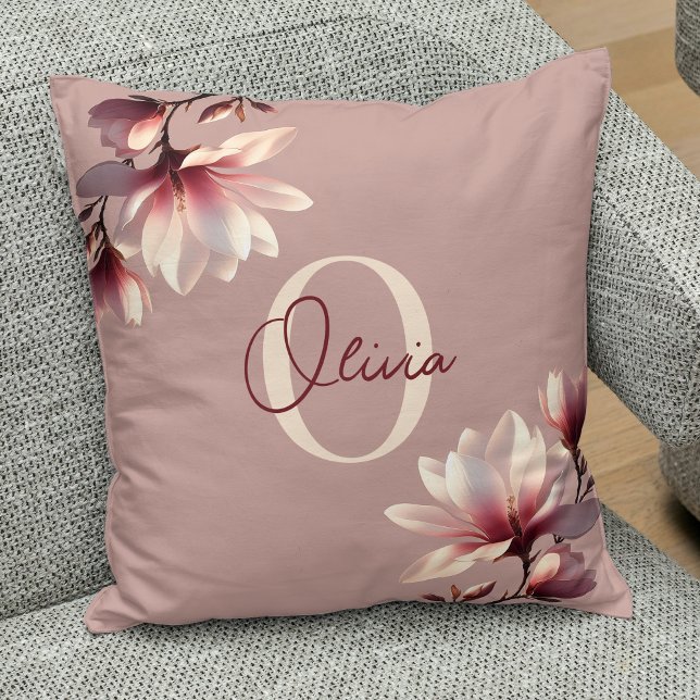 Coussin Magnolia Élégant Monogramme Rose  (Créateur téléchargé)