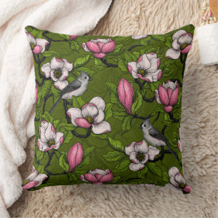 Coussin Magnolia en floraison et oiseau de tireur 2