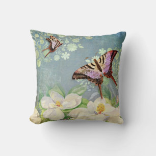 Coussin Magnolia Floral Vintage Papillon bleu Aquarelle