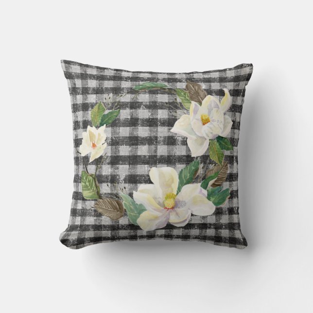 Coussin Magnolia Wreath Russe Farmhouse Black White Check (Recto)