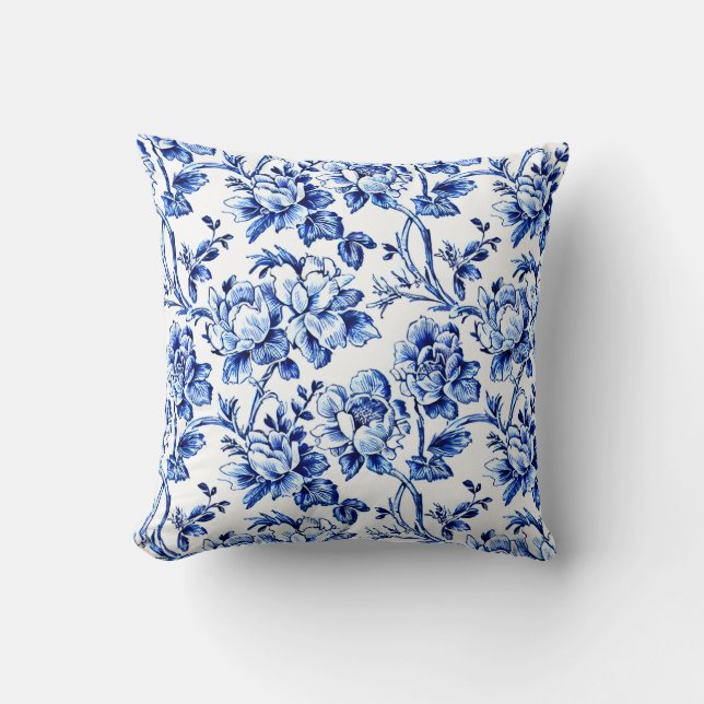 Coussin Magnolias bleu et blanc Toile de Jouy (Recto)