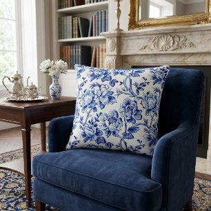 Coussin Magnolias Bleus et Blancs Toile de Jouy
