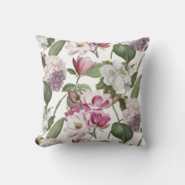 Coussin Magnolias et Hydrangeas Jardin Botanique Vintage (Recto)