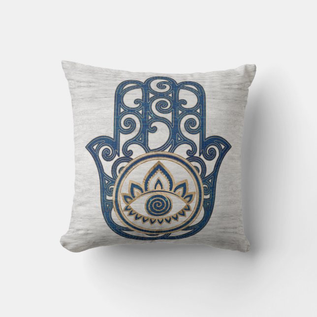 Coussin Main de Hamsa - main de bois de bleu de Fatima (Recto)