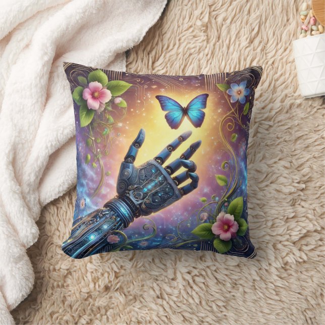 Coussin Main robotique & Papillon Harmonie de l'IA avec la (Couverture)