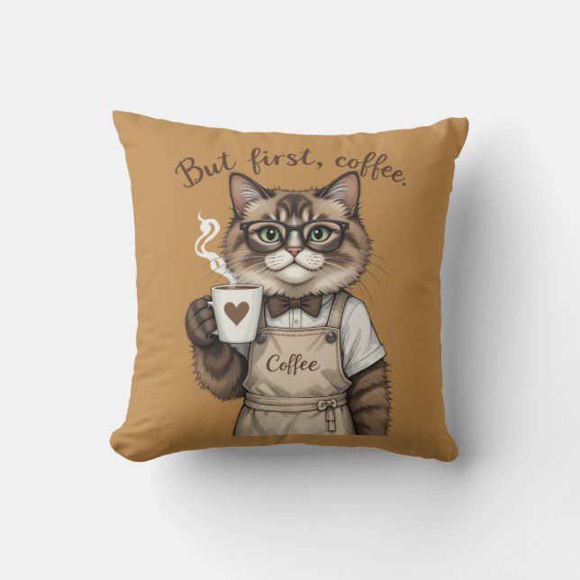 Coussin Mais d'abord, chat café (Recto)