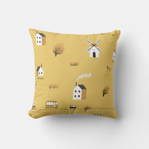 Coussin Maison colorée, arbres, chevaux paysage
