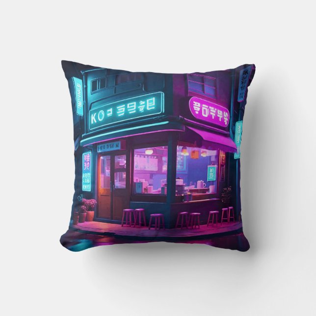 Coussin Maison de café néon coréenne LoFi Art  (Recto)