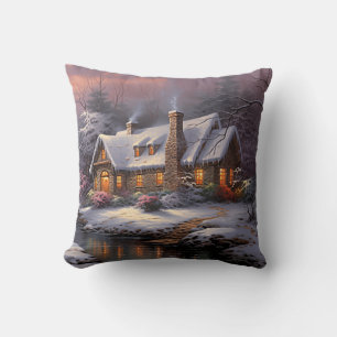 Coussin Maison de campagne hivernale magnifique au coucher