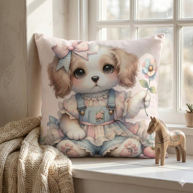 Coussin Maison de campagne mignonne et kawaii au style chi (Cozy Kawaii Cottagecore Farmcore Puppy Style Throw Pillow Mockup A)