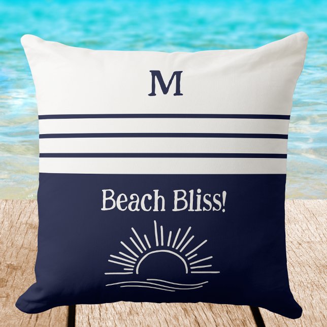 Coussin Maison de plage à rayures nautiques bleu marine Mo (Créateur téléchargé)