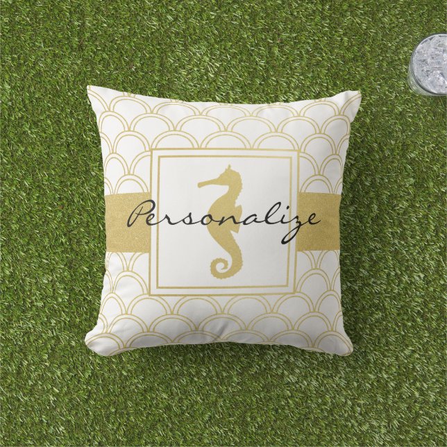 Coussin Maison de plage Art déco vague océanique hippocamp (Herbe)